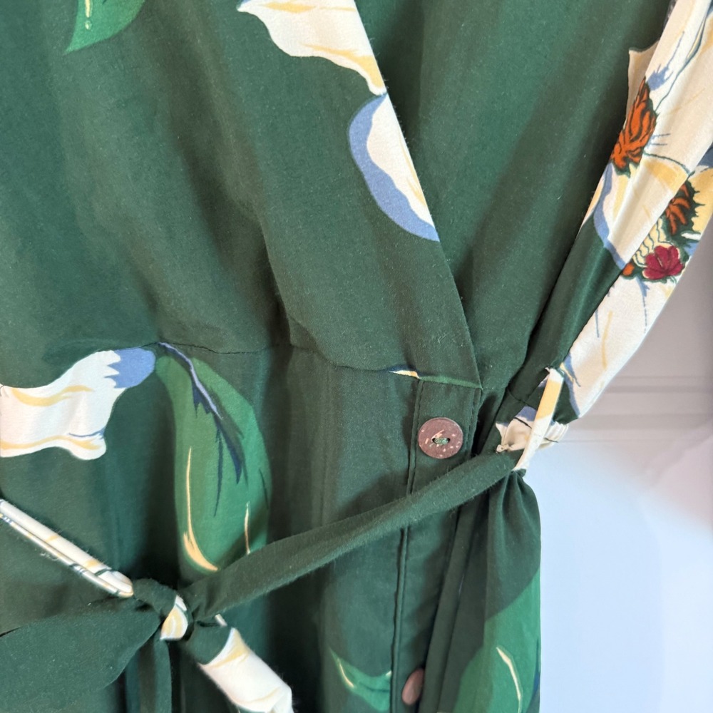 Monteau Forest green Floral Flowy v neck midi women's large dress tie back nwot - Picture 4 of 13